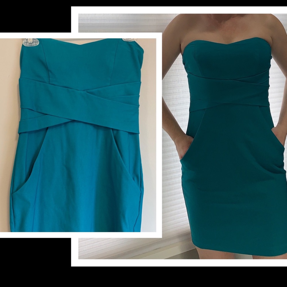 Aqua blue green strapless cocktail party dress